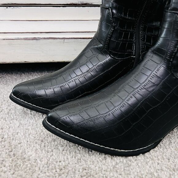 AMS Black Reptile Skin Vegan Leather Tall Knee High Riding Boots - Size 8 - Picture 3 of 10